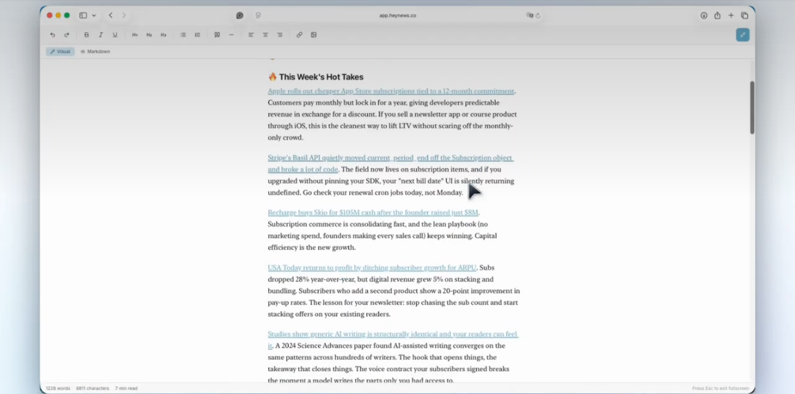 HeyNews Compose editor showing a draft built from selected newsletter stories