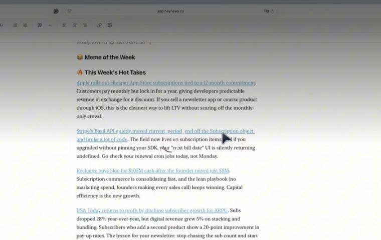 A generated newsletter draft open in the HeyNews editor