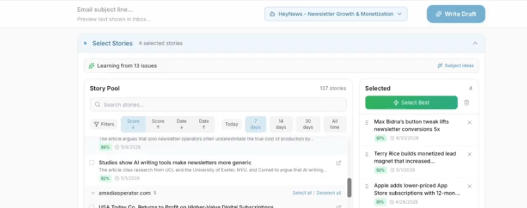 HeyNews story pool with relevance scores and selected stories