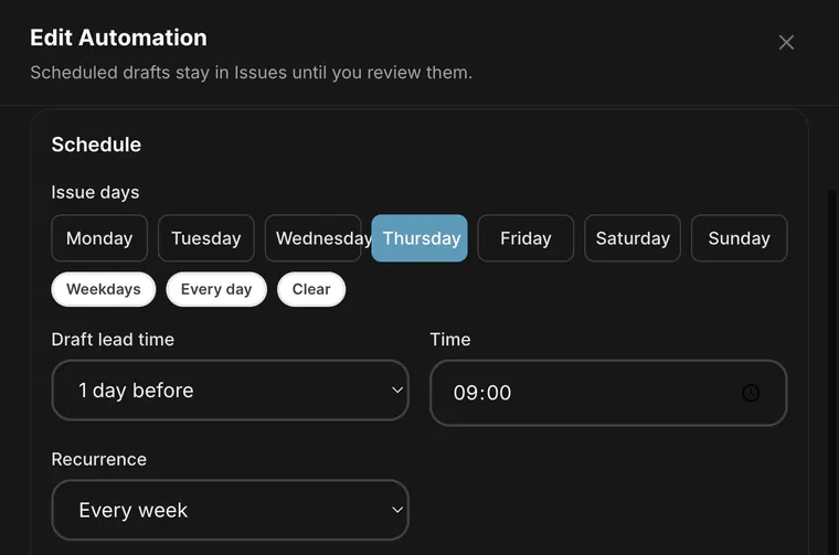HeyNews automation settings with issue days and draft lead time, noting that scheduled drafts stay in Issues until you review them