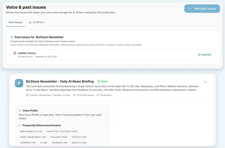The HeyNews Voice and past issues screen, with 67 imported beehiiv issues and an AI Writer marked ready