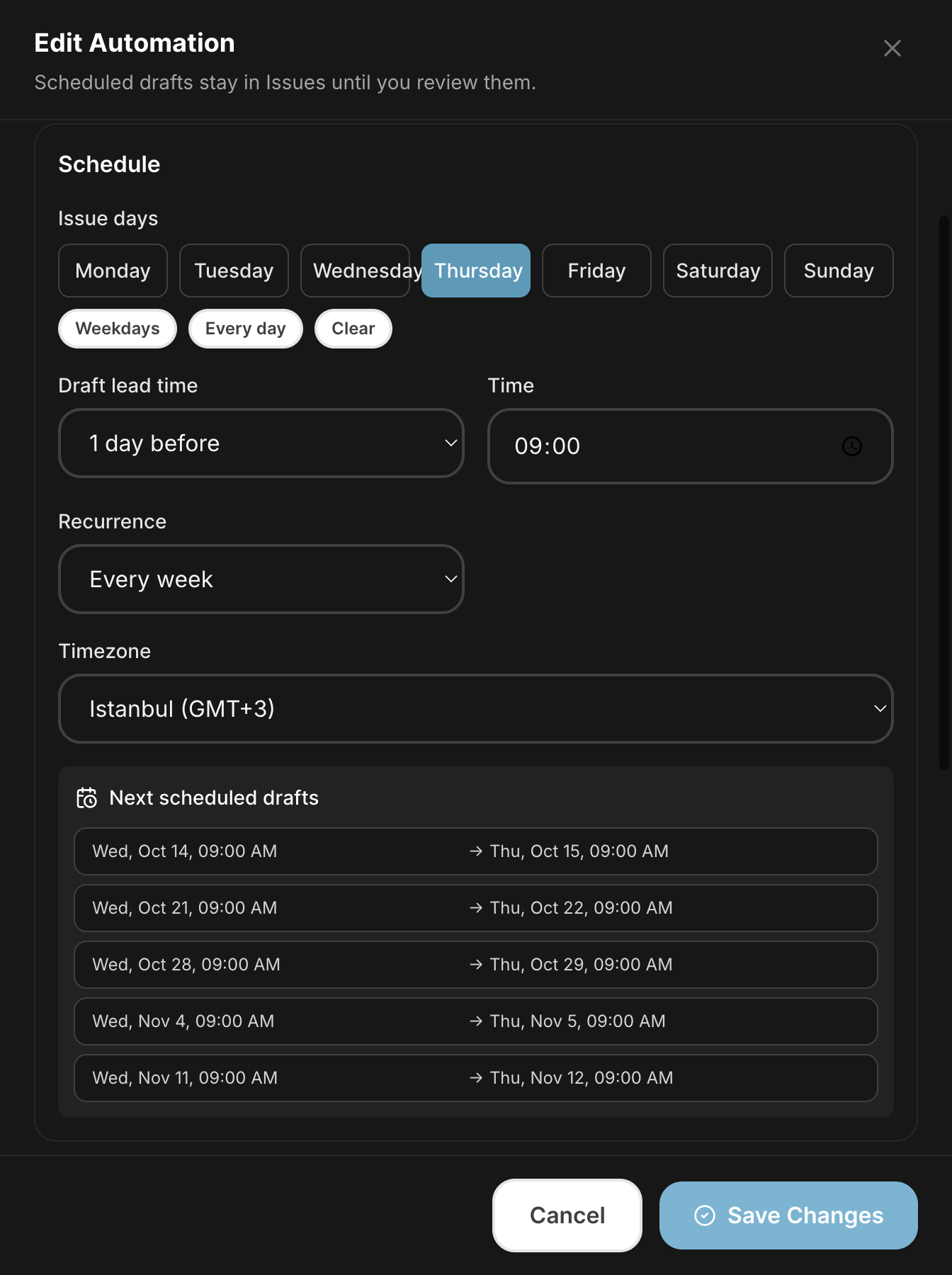 An Automations schedule in HeyNews with a calendar preview of the next five draft times