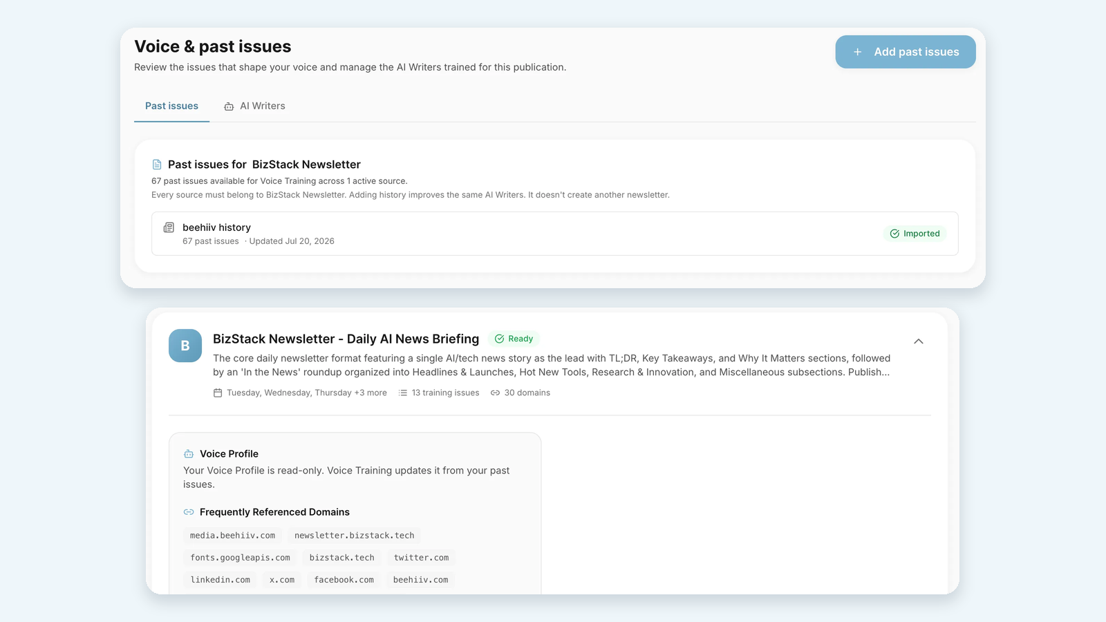 Voice & past issues in HeyNews: a trained AI Writer, the past issues it learned from, and its Voice Profile